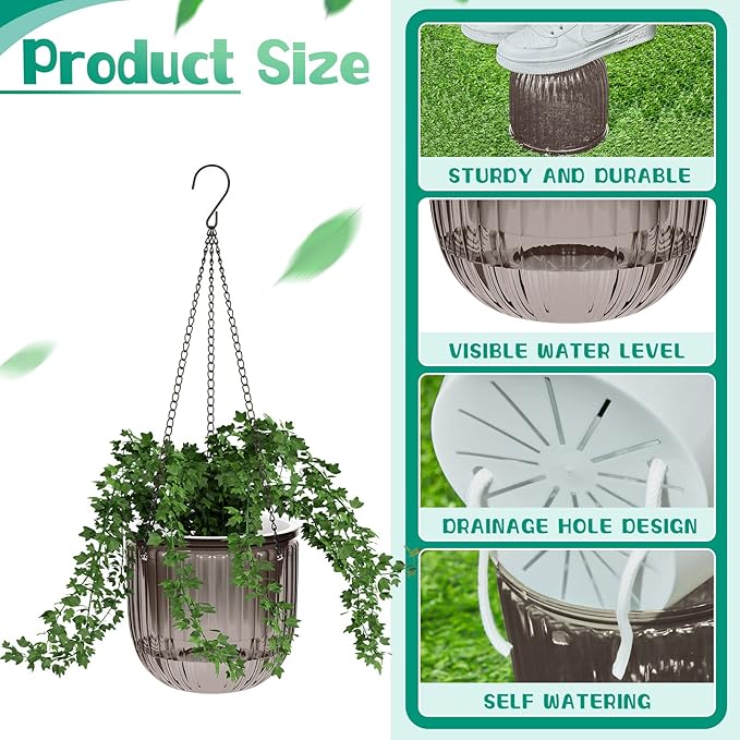 Meanplan 4 Pcs Self Watering Hanging Planter Indoor 6.5 Inch Hanging Baskets for Plants Outdoor Plastic Flower Pot with 3 Hooks Chains Drainage Holes for Garden Home, Medium Size(Gray)