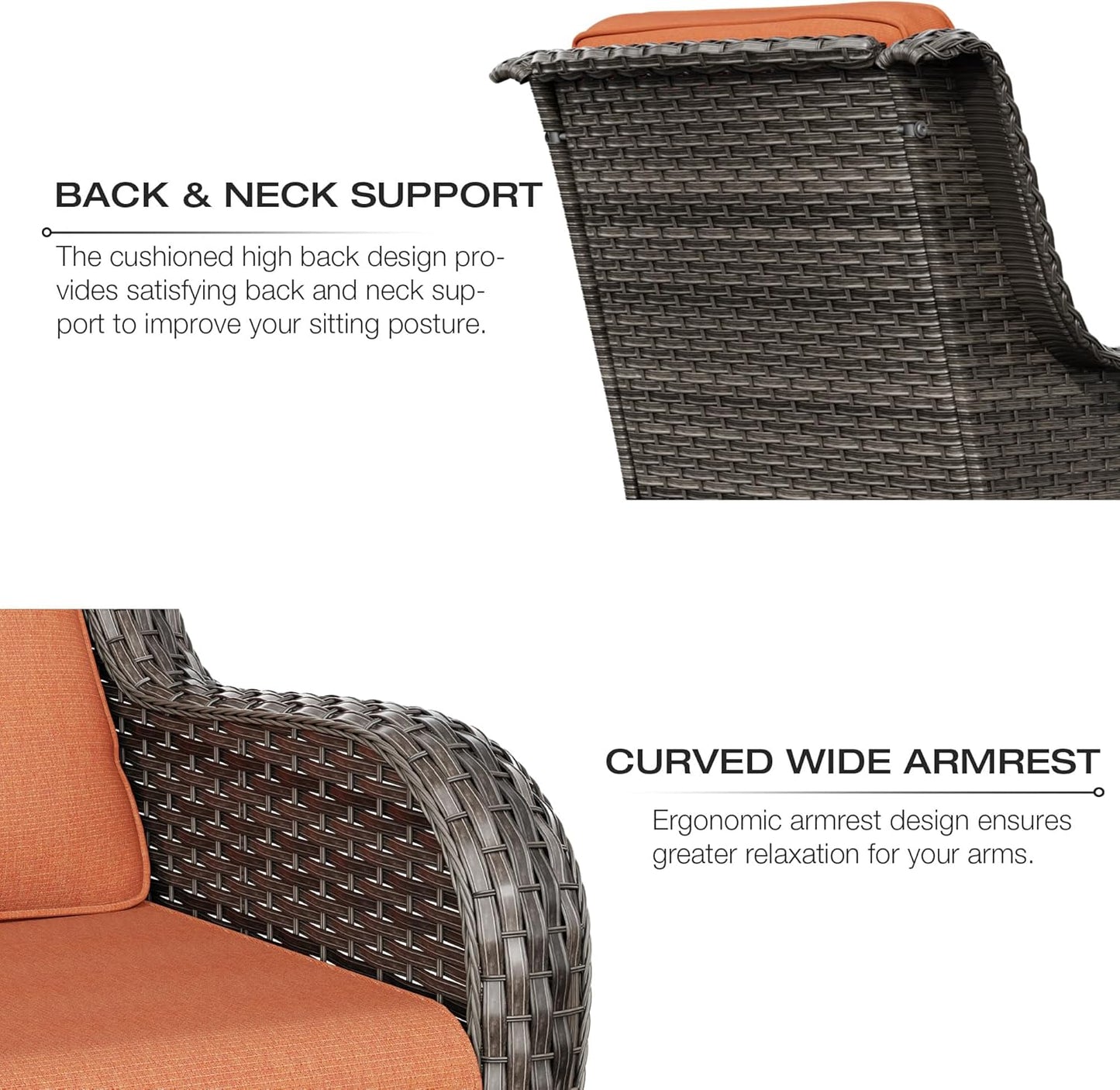 Joyside Outdoor Swivel Rocker Patio Chair and Matching Side Table - 2-Piece Wicker Patio Bistro Set with Premium Fabric Cushions (Brown Mixed with Grey/Orange)