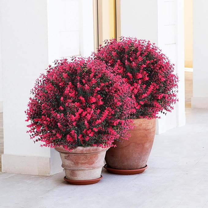 Yunlly 6 Pcs 18 Inch Artificial Boxwood Ball Topiary Tree Fake Outdoor Plants Bush, UV Resistance Faux Shrubs with Spike Realistic Greenery Potted for Indoor Garden Yard Porch Patio Decor (Rose Red)