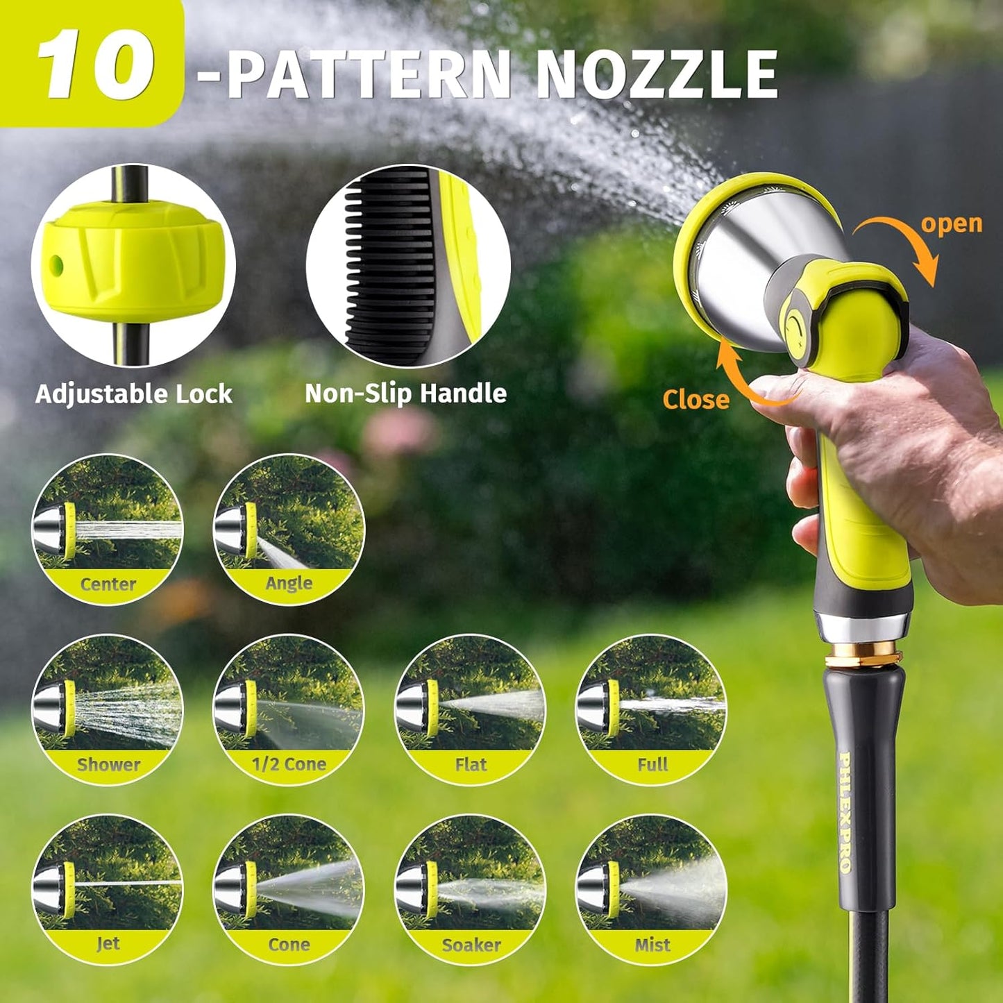 Garden Hose Set 200FT - PHLEX PRO Heavy-Duty Premium 5/8'' Rubber 3-Layer Water Hose - Innovation Flexible Hybrid Lightweight Water Hose with 10 Pattern Spray Nozzle, Full Brass Male to Female Fitting