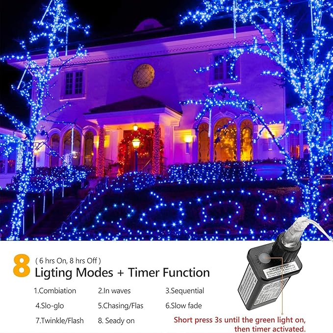 114ft Christmas String Lights Outdoor, 300 LED Christmas Lights Connectable with Timer, 8 Modes Christmas Tree Lights Fairy Twinkle Lights for Garden, Wedding, Indoor Outdoor Xmas Decorations(Blue)