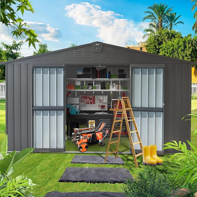 Domi Outdoor Storage Shed 11β x 9β, Metal Sheds with Galvanized Steel Frame & Windows & Lockable Door, Garden Shed Tool Storage Room for Patio, Grey