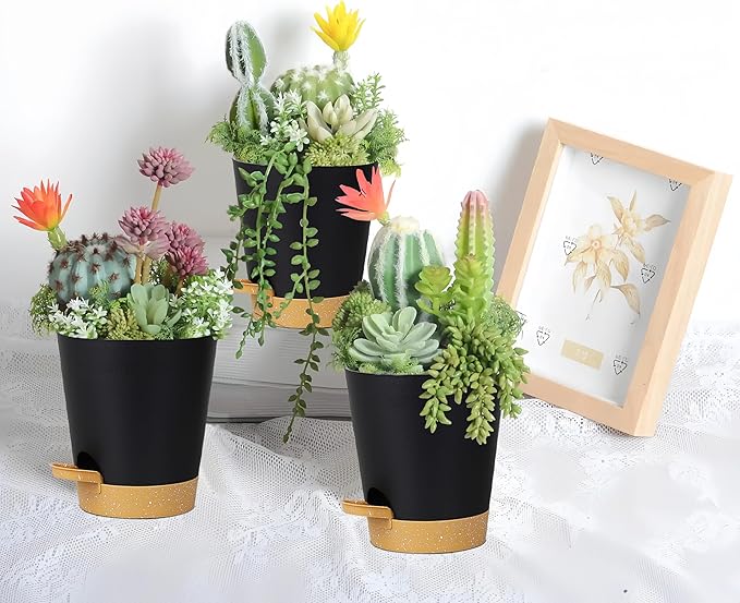 12 Pack 4 Inch Self Watering Plant Pots with Drainage and Saucers,Plastic Flower Pots for Indoor and Outdoor Plants, Nursery Planters for Houseplants and Herbs Black Brown, 4 inch 12pcs