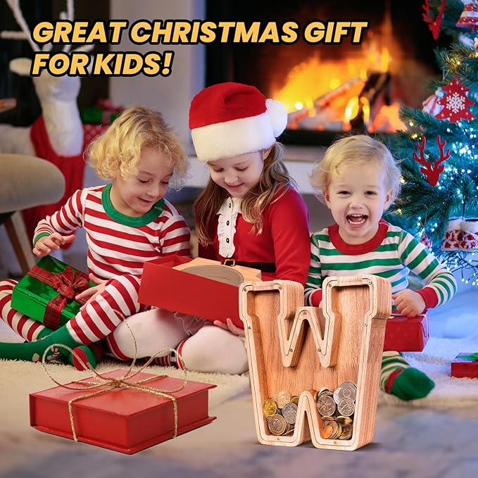 KMC Wooden Letter Piggy Bank, Personalized Initial Piggy Bank for Kids Boys, Clear Alphabet W Wood Money Box, Unbreakable Coin Saving Jar, Birthday, for Children