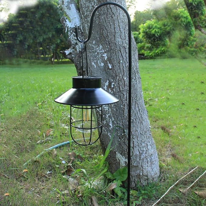 Solar Lantern 2pack Outdoor Hanging Light- Waterproof Vintage Metal Light with Shepherd Hook Decorative for Patio, Backyard, Porch, Yard (Black)
