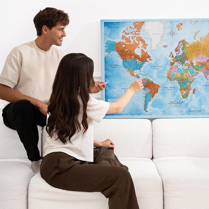 Canvas World Map with Cork Pin Board - English Lettering - Decorative Wall Decoration for All Rooms - Canvas Pictures with World Map Motif (90x60 cm, Pattern 21)