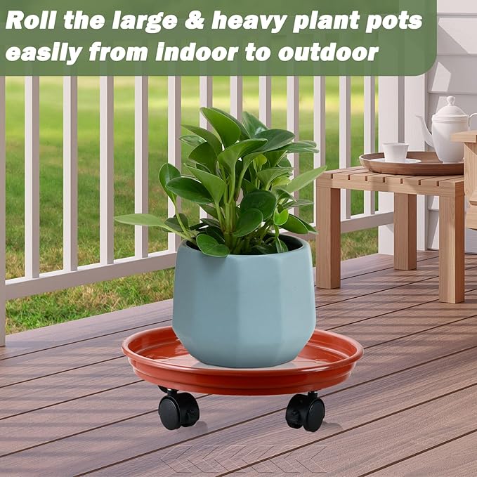 8 Packs Plant Caddy with Wheels 11.8" Plastic Rolling Plant Stands Heavy-Duty Plant Dolly with Casters Indoor and Outdoor Plant Roller Base Large Heavy Plant Pot Saucers with Wheels, Rust Red