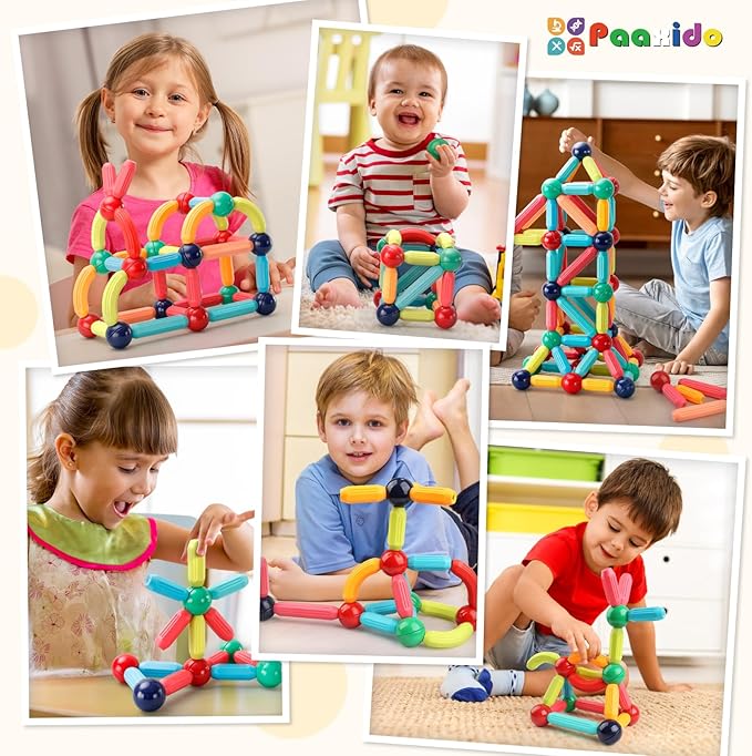 64PCS Magnetic Building Blocks - Montessori Sensory Toys with Stronger Magnets, STEM Learning Toys for Kids, Creative Construction DIY Kit Gift for Boys & Girls