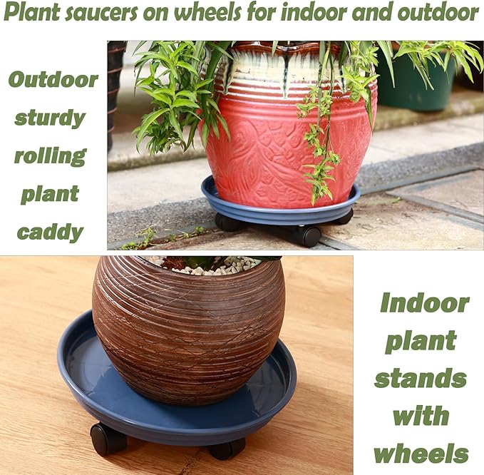 4 Packs Plastic Plant Caddy with Wheels 11.8" Plastic Rolling Plant Stands Heavy-Duty Plant Dolly with Casters Indoor and Outdoor Plant Roller Base Wheels, Blue