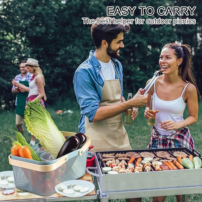 Portable Garden Harvest Basket-Mesh Design Natural Bamboo Handle Wire Storage Baskets,Mesh Basket with Handle Organize Items Reduce Space Occupation,Suitable for Kitchen,Garden,Picnic(Blue)