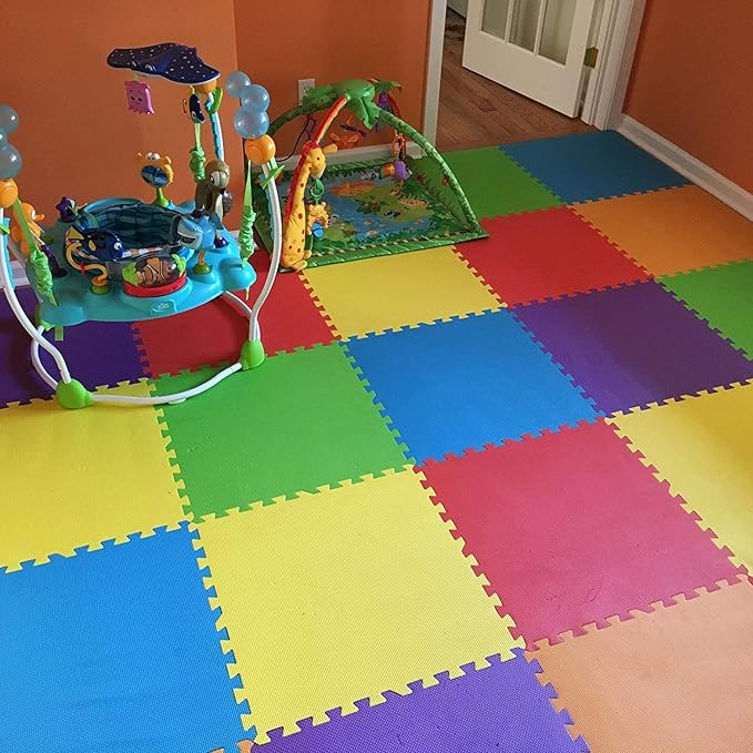 FlooringInc's Rainbow & Natural Harmony Playmat - Kid Safe Foam Floor Tiles with Removable Edges - 2'x2', 1/2" Thick (Rainbow, 48 Tile Pack)