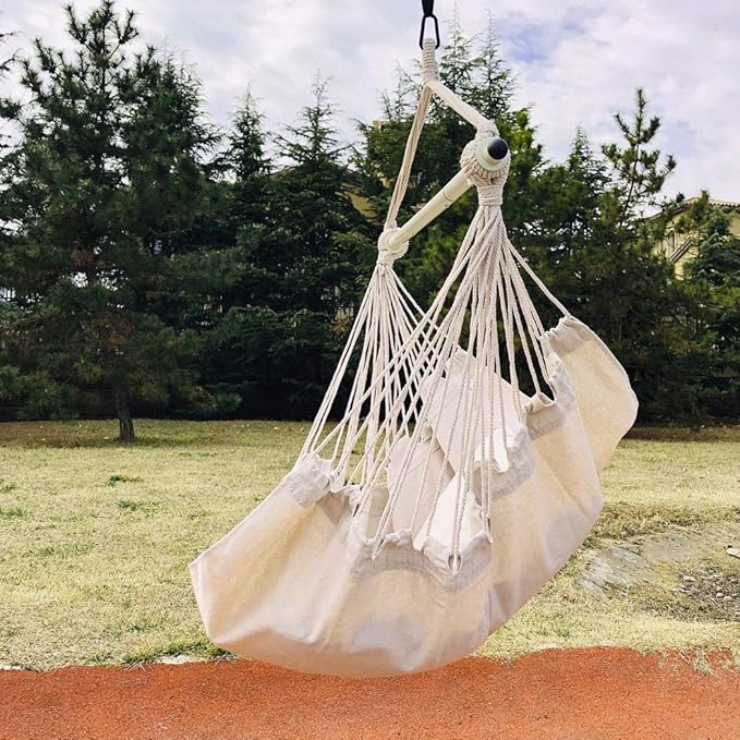 Highwild Hanging Rope Hammock Chair Swing Seat for Any Indoor or Outdoor Spaces - 500 lbs Weight Capacity (Beige)