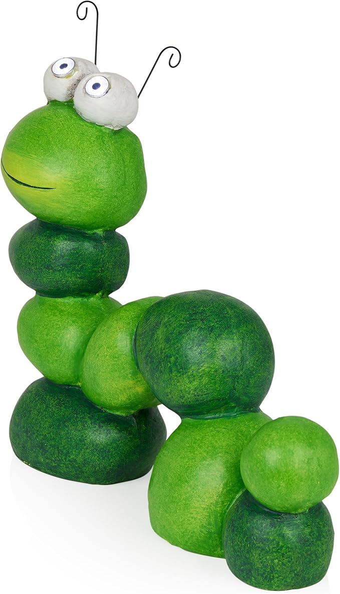 Alpine Corporation YEN608SLR Caterpillar Statue with Light Up Eyes, Solar Powered LED Caterpillar Garden Statue, 16" H, Green