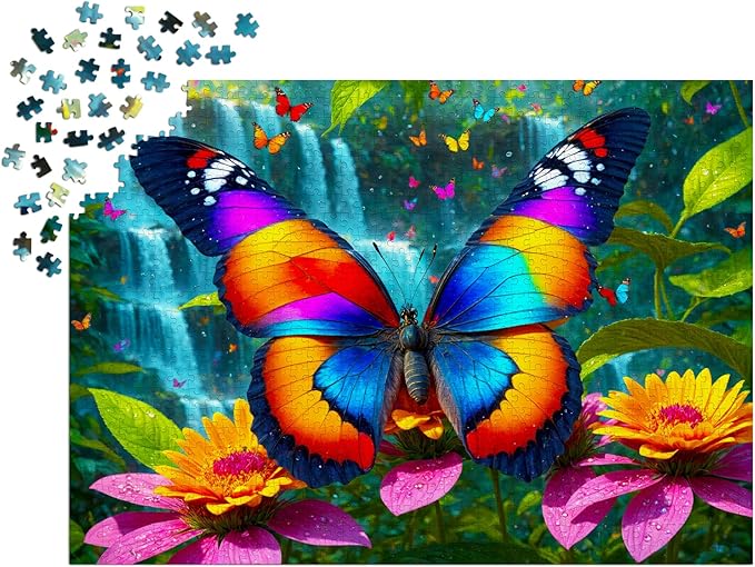 1000 Pieces Jigsaw Puzzle – Matte Finish, Soft Touch, Easy to Assemble, Tight Fit, Vivid Colors, Missing Pieces Service – Rainbow Butterfly and Flowers in Waterfall Forest – by ENJOY Puzzle