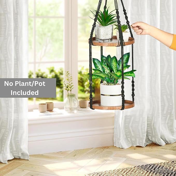 2 Tier Macrame Plant Hanger | Plant Hanger Indoor, Hanging Planter | Hanging Planter Shelf (Black) (Large, 12" Shelf)