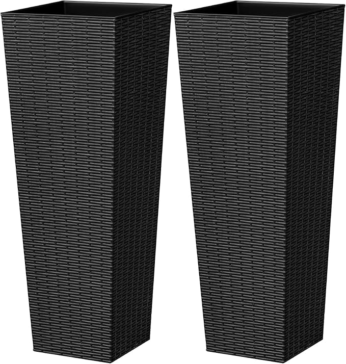 Greesum 32 Inch Tall Plastic Planters with Rattan Texture – Set of 2, Detachable Inner Pot & Drainage Holes, Indoor/Outdoor Decorative Flower Pots for Large Plants, Trees, Patio, and Garden, Black