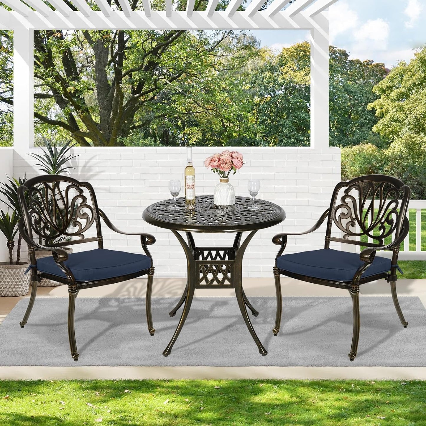 MEETWARM 3 Piece Patio Bistro Set, Outdoor All-Weather Cast Aluminum Dining Furniture Set Includes 2 Cushioned Chairs and a 31” Round Table with Umbrella Hole for Garden Deck, Navy Blue
