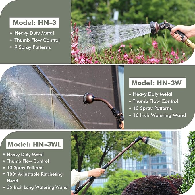RESTMO Watering Wand, Heavy Duty Metal Garden Hose Wand with Thumb Flow Control, 15-Inch Long Hose Nozzle Sprayer with 10 Spray Patterns, Ideal to Water Hanging Baskets and Shrubs, Oil Rubbed Bronze
