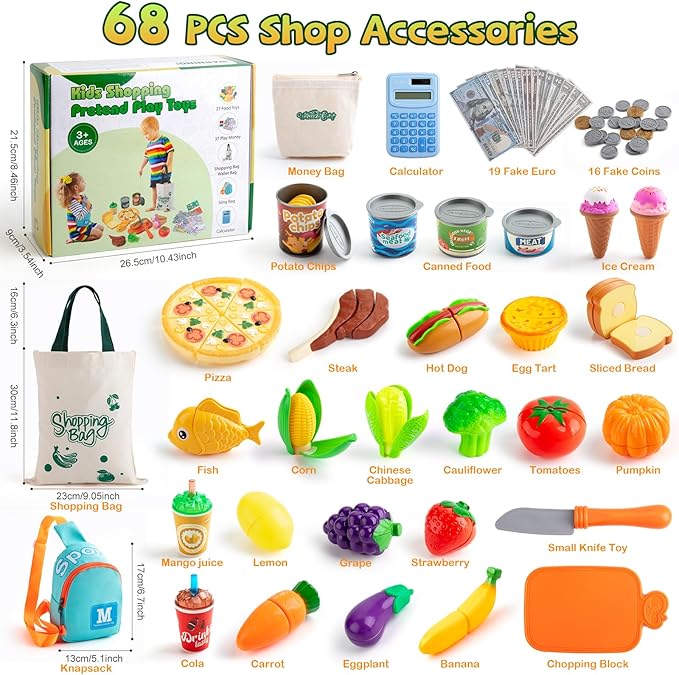 68PCS Grocery Store Play Food Sets for Kids Kitchen, Cutting Toy Food with Shopping Bags Calculator for Kids Toddler Pretend Food with Pizza Veggies Fruits Fake Food Play Kitchen Accessories Girl Gift