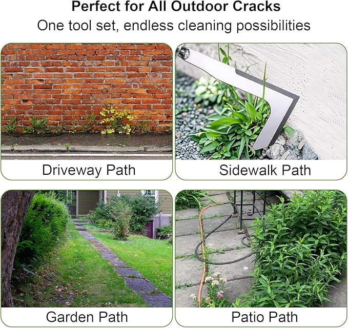 Long Handle Crack Weeder Tool Set with Adjustable 63 inch Handle, 2-in-1 Stainless Steel Crevice Weeding Tool & Brush for Weed and Moss Removal from Patios, Driveways, Sidewalk Cracks