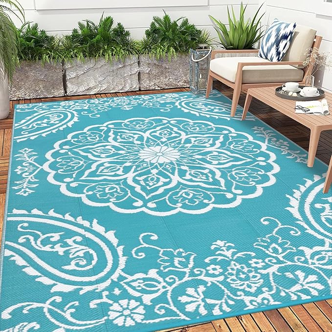 Pauwer Waterproof Outdoor Rug 8x10, Reversible Plastic Straw Patio Camping Rug, Indoor Outdoor RV Mat Carpet for Deck, Camper, Porch, Balcony, Backyard, Picnic, Boho Teal