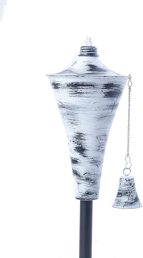 Set of 4, Oahu Premium Metal Outdoor Torches for Patio, Lawn and Garden - Tiki Style Metal Torch/w Snuffer, Fiberglass Wick & Large 16oz Oil Lamp - 53" Tall (Whitewash)