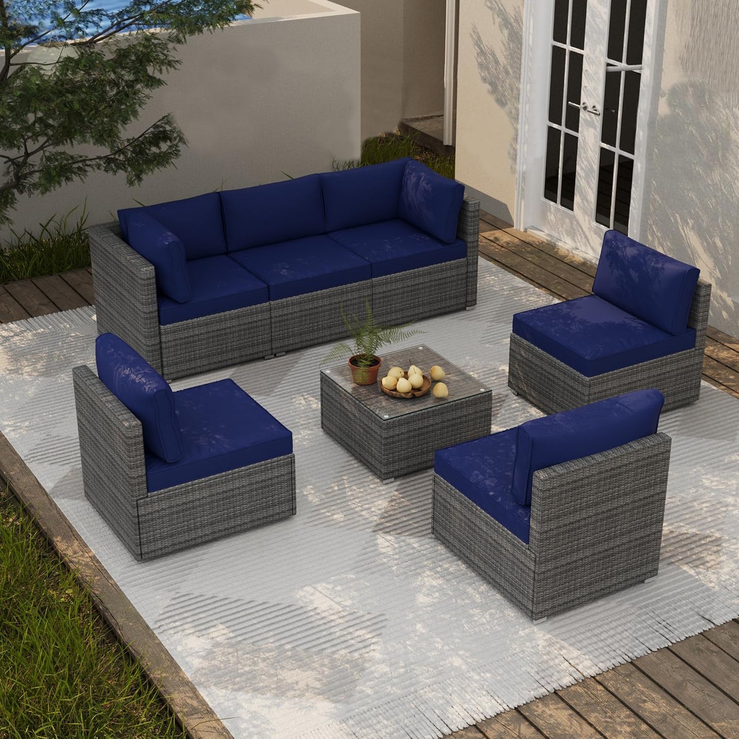 7 Piece Patio Furniture Set, Outdoor Couch Set—All-Weather Outdoor Furniture Sectional w Water Resistant Thick Cushions, Patio Sofa Set w 2 Extra Pillows and Coffee Table, Navy Blue/Gray