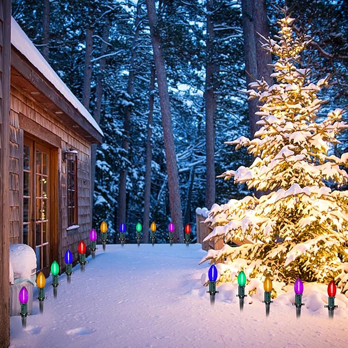 C9 LED Christmas Pathway Light, 38FT Multicolor Pathway Christmas Lights with 27 Multicolored Jumbo LED Bulbs, Connectable Christmas Walkway Lights for Lawn Walkway Lane Marker Lighting Decoration