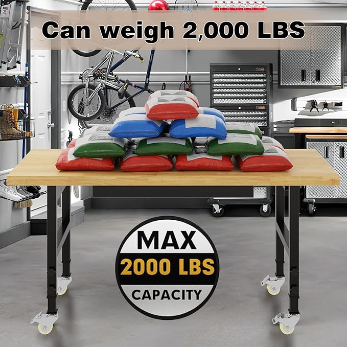 60" Adjustable Height Workbench, Heavy-Duty Work Bench Table with Locking Wheels, Portable Chipboard Work Table with Drawer & Power Outlets, for Repair Shop, Garage, Workshop, Office