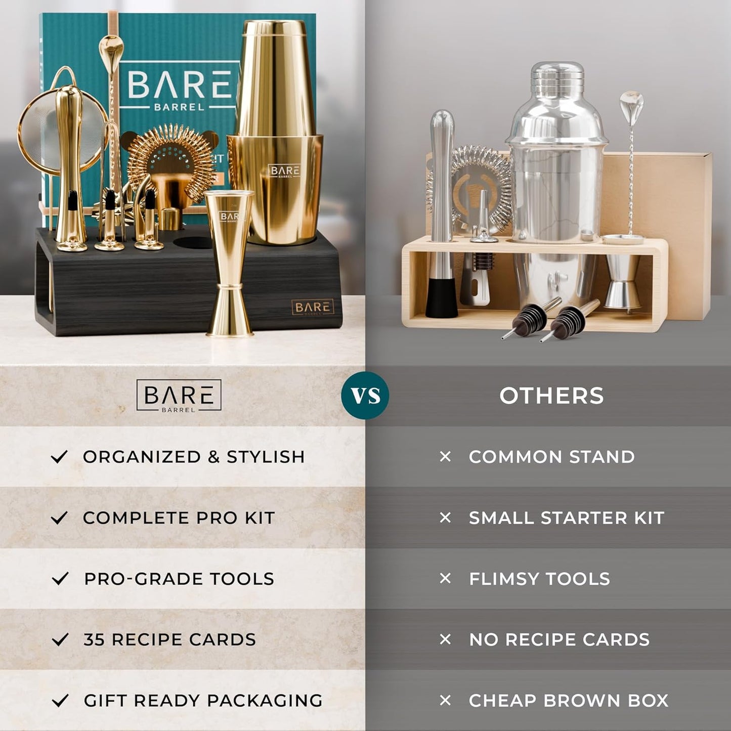 BARE BARREL® Mixology Bartender Kit Bar Set | 14-Piece Cocktail Shaker Set | Martini Barware Mixing Tools for Home Bartending | Incl. 35 Recipe Cards | Gift Set (28oz Boston Shaker, Gold/Black)