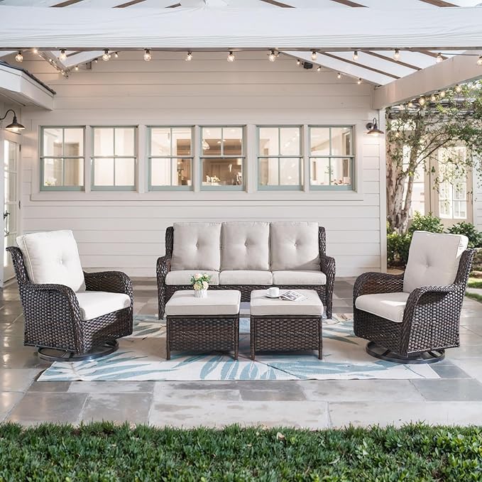 5 Piece Outdoor Patio Furniture Set - Wicker Furniture Patio Conversation Set, Outdoor Swivel Rocker Chairs with 3-Seater Sofa and 2 Ottomans for Small Space, Brown Wicker