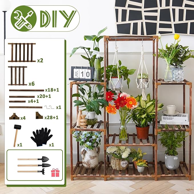 Uneedem Plant Stand Indoor Outdoor Tall Shelf for Multiple Plants 8 Tiers 12 Pot Large Rack Pine Wood Corner Plant/Flower Holder for Room Corner Balcony