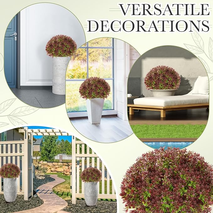 Yunlly 2 Pack 18" Artificial Boxwood Ball Bush Topiary Trees Fake Outdoor Plants, Realistic UV Resistance Faux Shrubs with Spike Greenery Topiary for Front Porch Garden Yard Patio Indoor (Dark Red)