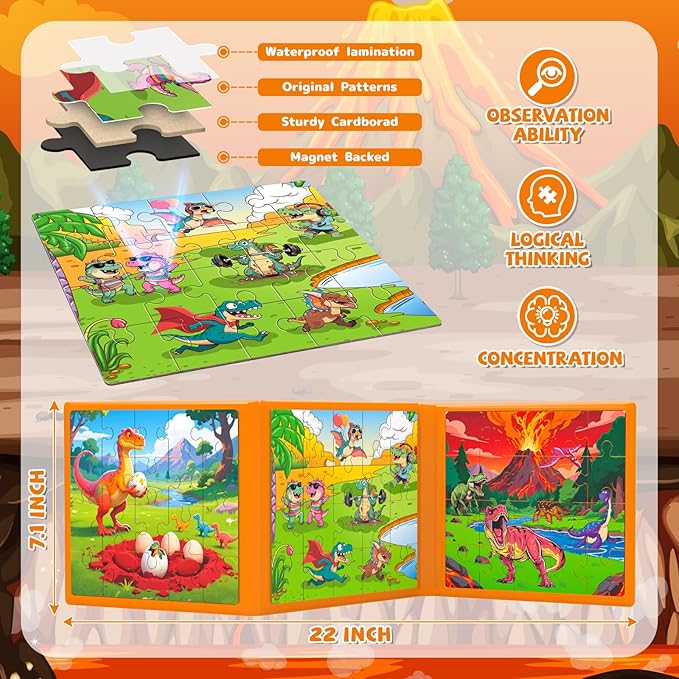 3 in 1 Magnetic Dinosaur Puzzles for Kids Ages 3-5, 3x20 Pieces Puzzles for Toddlers 4-6, Car Airplane Road Trip Activities Magnet Games Toys for 3 4 5 6 Year Old Boys