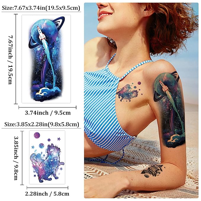 77 Sheets Temporary Tattoos, 17 Sheets Space Planet Astronaut Rockets Half Arm Fake Tattoo for Adults Men Women, 60 Sheets Small Waterproof Lasting Stickers Tattoo for Boys Girls Kids Party