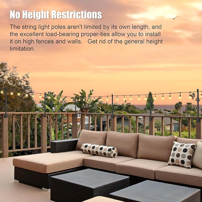 Suchtale 4 Pack 2.8 FT String Light Poles, Suspension Outdoor Fence Post Lights with Clip and Bracket, Outside String Lights Hanging, Wall Mounting Stand for Patio Garden Backyard Wedding Party, Black