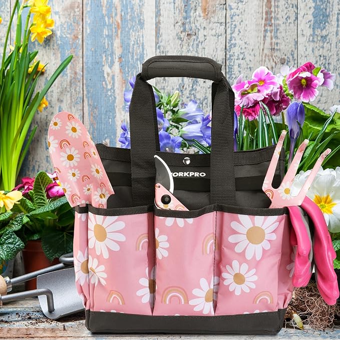 WORKPRO Garden Tool Bag, 9 Pockets Gardening Bag, Heavy Duty Oxford Garden Tote Caddy (Tools NOT Included), 12" x 12" x 6"-Pink Ribbon
