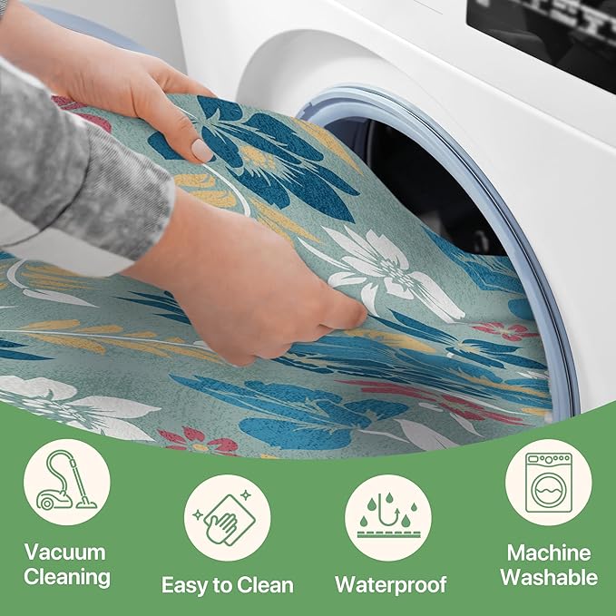 GENIMO Indoor Outdoor Area Rug 8' X 10' Waterproof, Washable Patio Rug Non Shedding, Easy Cleaning Floral Outdoor Carpet for Living Room, Bedroom, Dining Room, Balcony, Backyard, Deck, RV, Blue Grey