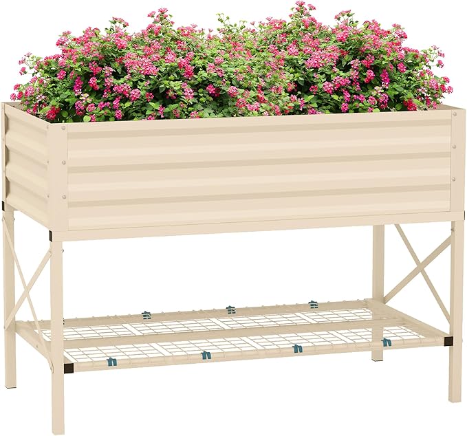 Outsunny Raised Garden Bed with Galvanized Steel Frame, Storage Shelf and Bed Liner, Elevated Planter Box with Legs for Vegetables, Flowers, Herbs, Cream