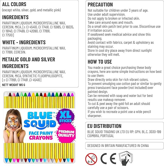 Blue Squid Face Paint Crayons for Kids - 42pcs XL Non-Toxic, Washable Body Paint Crayons - Our Face Painting Kit Makeup Sticks are Easy to Use, Safe for Sensitive Skin and Perfect for a Kids Party