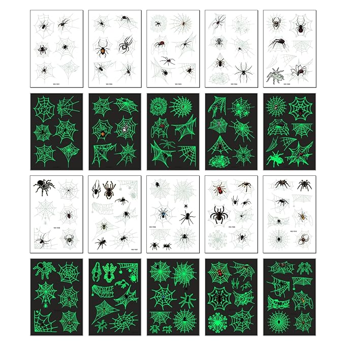 Halloween Luminous Spider Temporary Tattoos for Kids - 10 Sheets Glow In The Dark Halloween Spider Web Tattoos for Boys and Girls, Halloween Cosplay Face Makeup Accessories Holiday Party Gifts