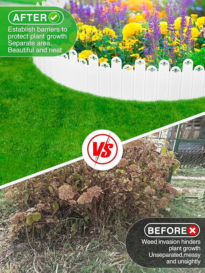 20PCS White Garden Edging Borders, 9.76" H Plastic Fences Edging with Hammmer Shovel Gloves, 13.6Ft Decorative Interlocking Landscape Edging, Flexible Flower Bed Border for Patio