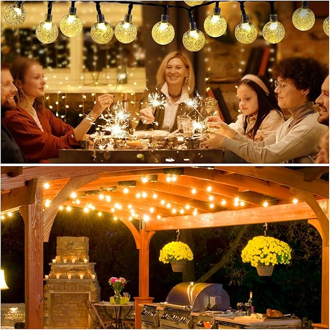 Solar Lights Outdoor Waterproof, 2 Pack Total 200LED 110FT Solar String Lights for Outside w/ 8 Modes, Outdoor String Lights Crystal Globe Patio Lights for Garden Yard Party Decor(Warm White)