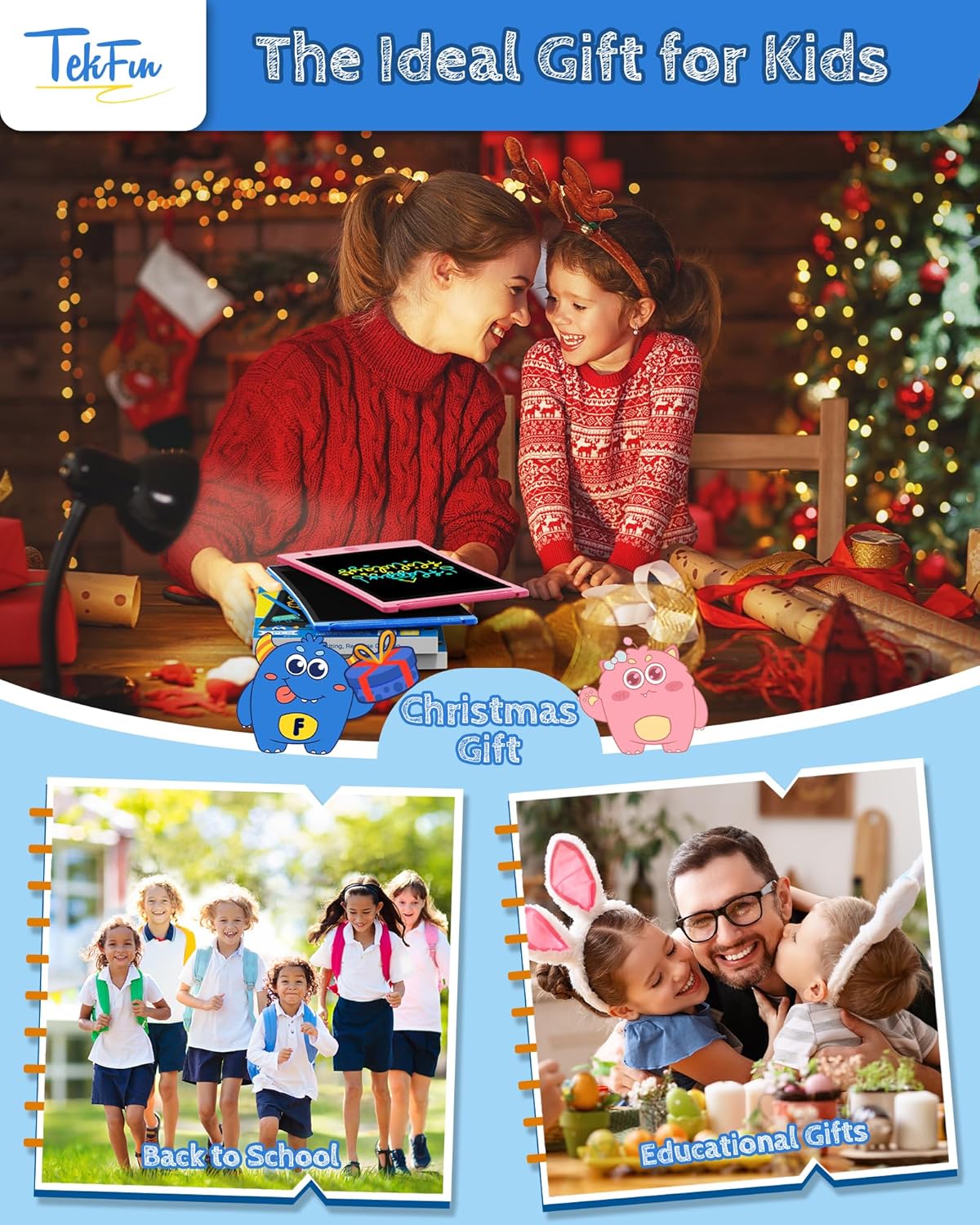 TEKFUN 10 Pack LCD Writing Tablet with Stylus, 8.5in Erasable Doodle Board Mess Free Drawing Pad for Kids, Car Trip Educational Toys Birthday Christmas Gift for 3 4 5 6 7 Girls Boys