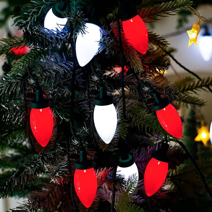 C9 Bulbs Classic Christmas Lights - 50 LED 32ft Strawberry String Light Red&White - Extendable 8 Modes Funtion with Timer Fairy Lighting for Outdoor, Indoor, Party, Home, Tree Decorations