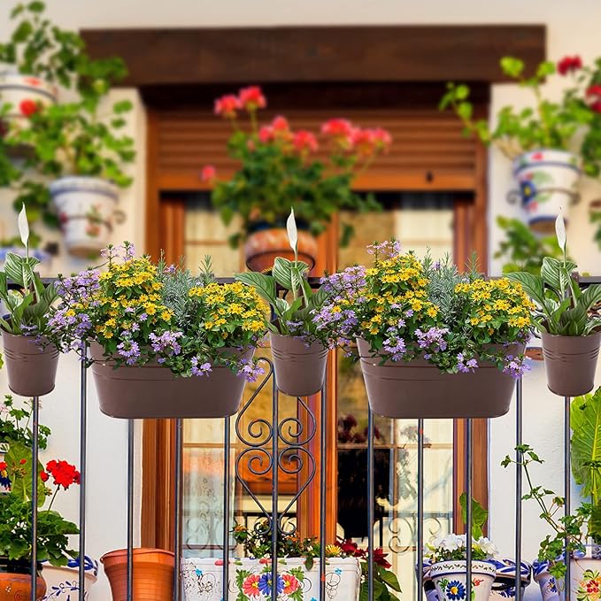 Metal Iron Flower Pots for Railing Fence Hanging Bucket Pots(5 Pcs) and Hanging Flower Pots Metal Iron Bucket Planter(10 Pcs) (Bronze)