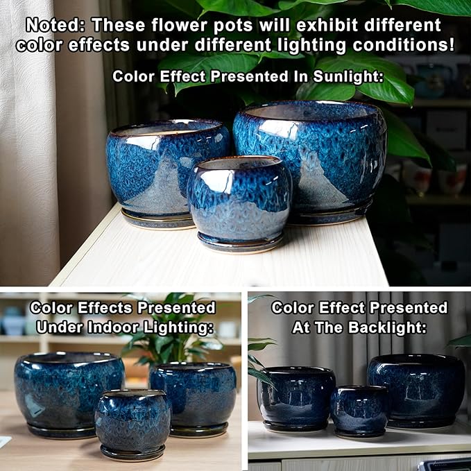 SQOWL 10 Inch Plant Pot - Ceramic Planter Pot with Drainage Hole and Saucer, Decorative Plant Pot for Indoor Outdoor Plants, Round Large Planter Flower Pot, Blue