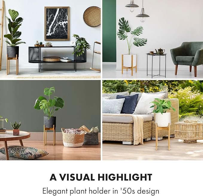 Fox & Fern Bamboo Plant Stand — 8 Inch Fixed Size Mid Century Plant Stand for Indoor Pots; Raised Flower Pot Holder for Indoors; Plug In Design; Two Height Options; Easy to Assemble - Bamboo