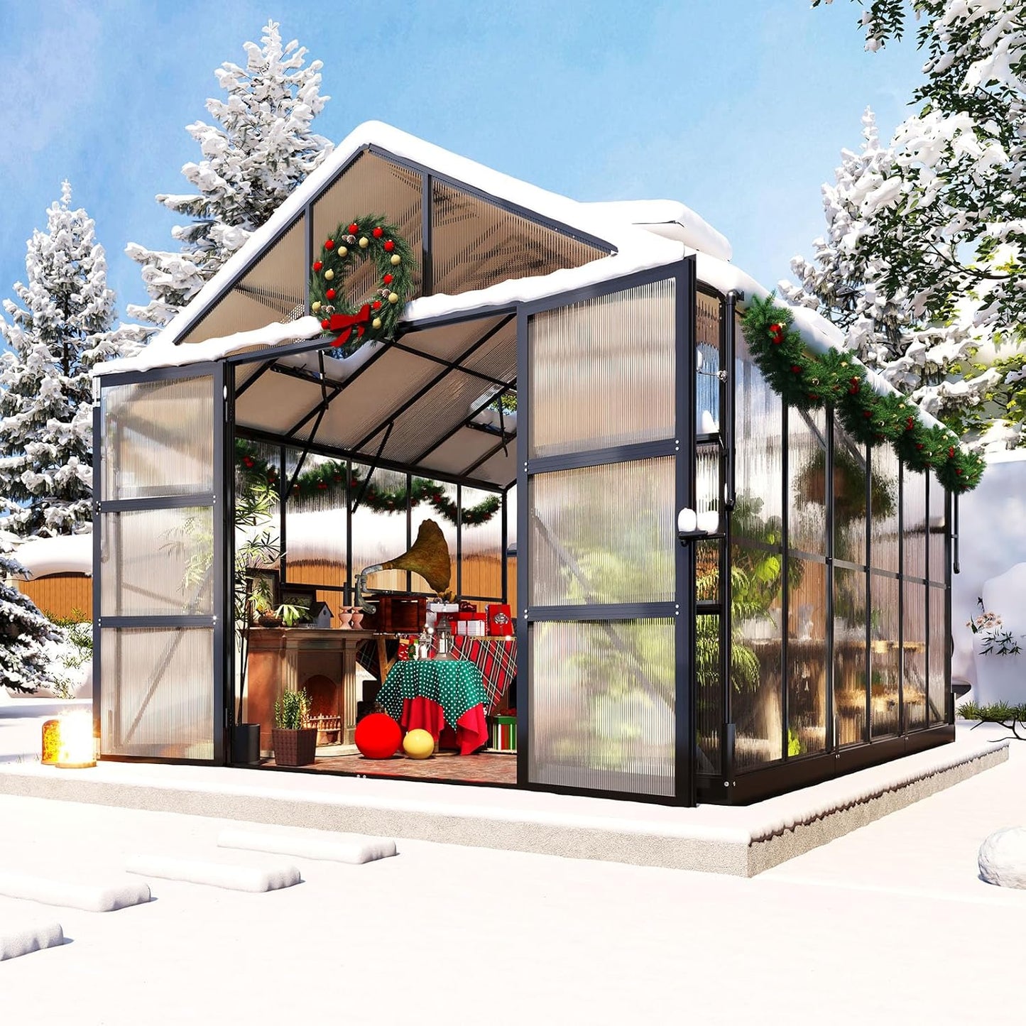 AMERLIFE 10x12 FT Heavy Duty Aluminum Greenhouse with 4 Roof Vents & Rain Gutter, Polycarbonate Greenhouse for Outdoor Garden Backyard, Black