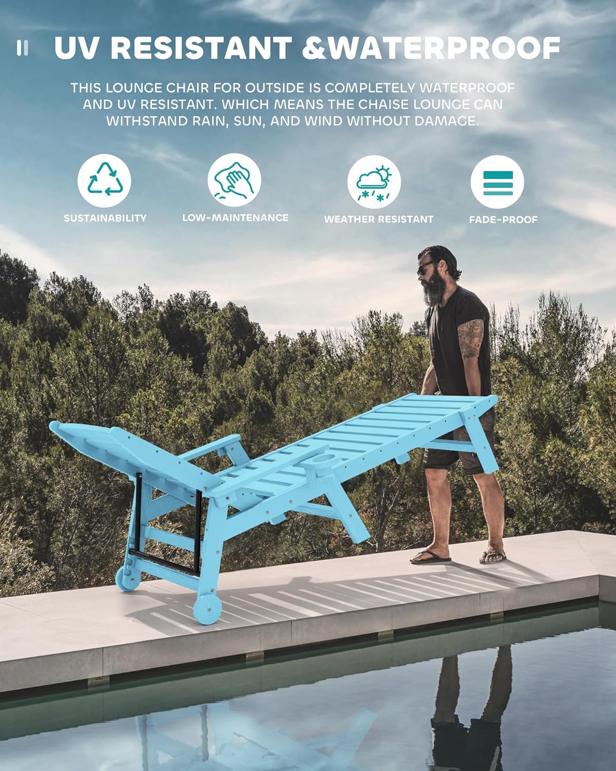 SERWALL Patio Chaise Lounge Chair, 78'' Long HDPE 5 Positions Adjustable Outdoor Lounger, Poly Lounge Chair with Rolling Wheels & Cup Holder for Pool, Light Blue